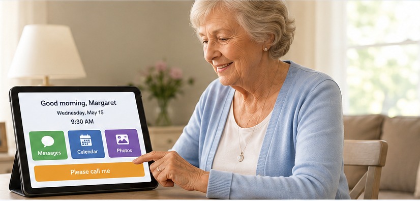 Older adult comfortably using a tablet at home